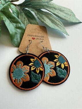 Embroidered Felt Floral Earrings – Black Orange & Teal Dangle Earrings